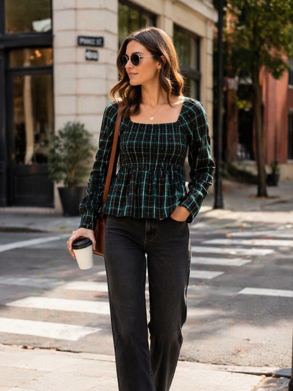 OLD NAVY Women's Green Plaid Long Sleeve Smocked Fit & Flare Top XL